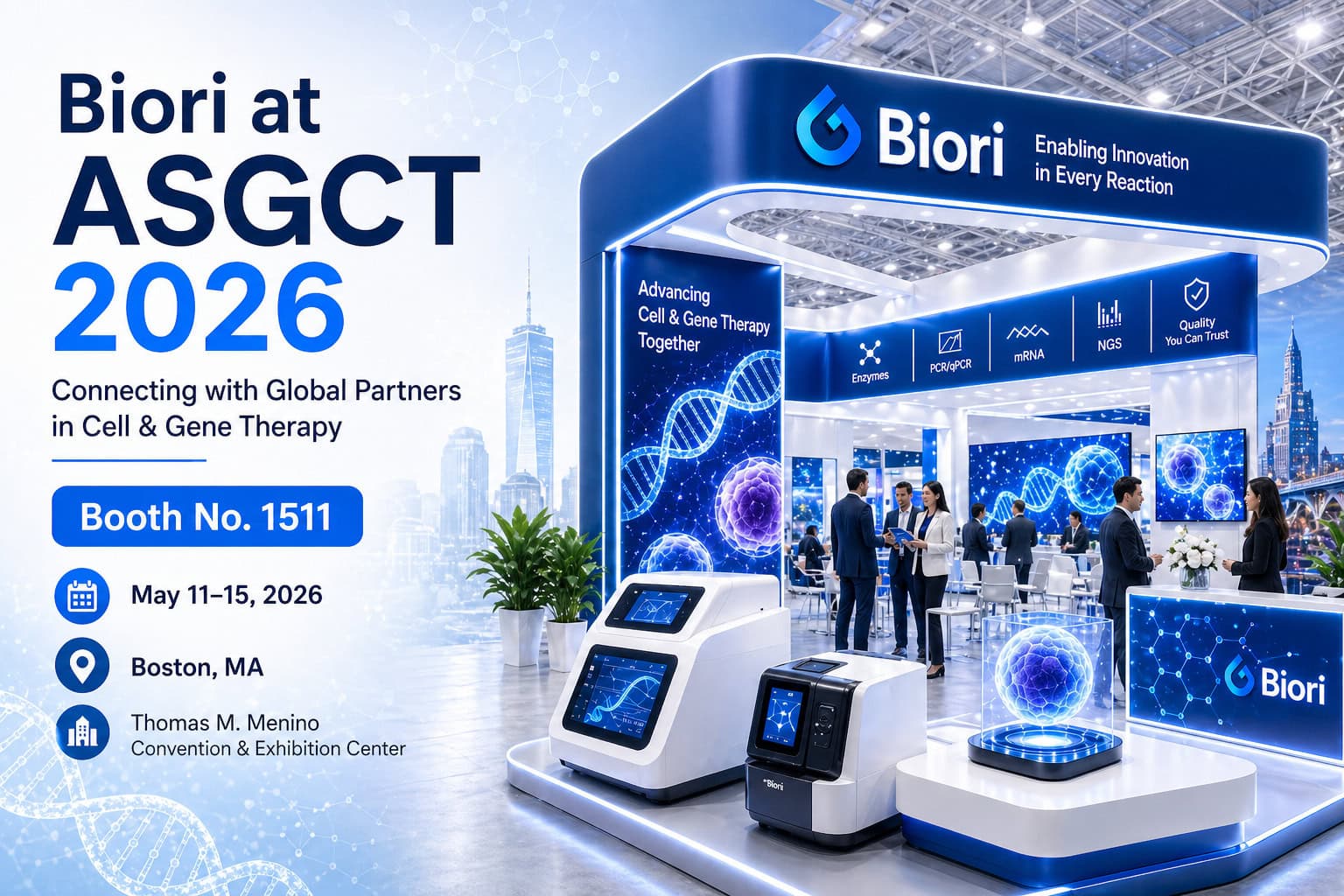 Biori at ASGCT 2026 Booth 1511 cover highlighting HCD HCP testing, universal nuclease and custom kit development for cell and gene therapy QC