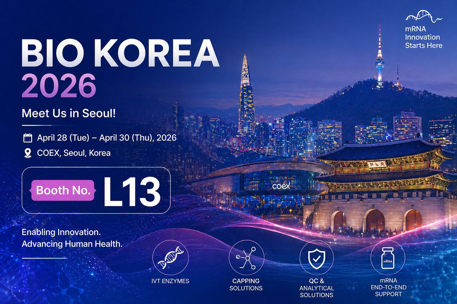 BIO KOREA 2026 Seoul event cover for Biori Booth L13 highlighting mRNA innovation, IVT enzymes, capping solutions and QC analytical solutions