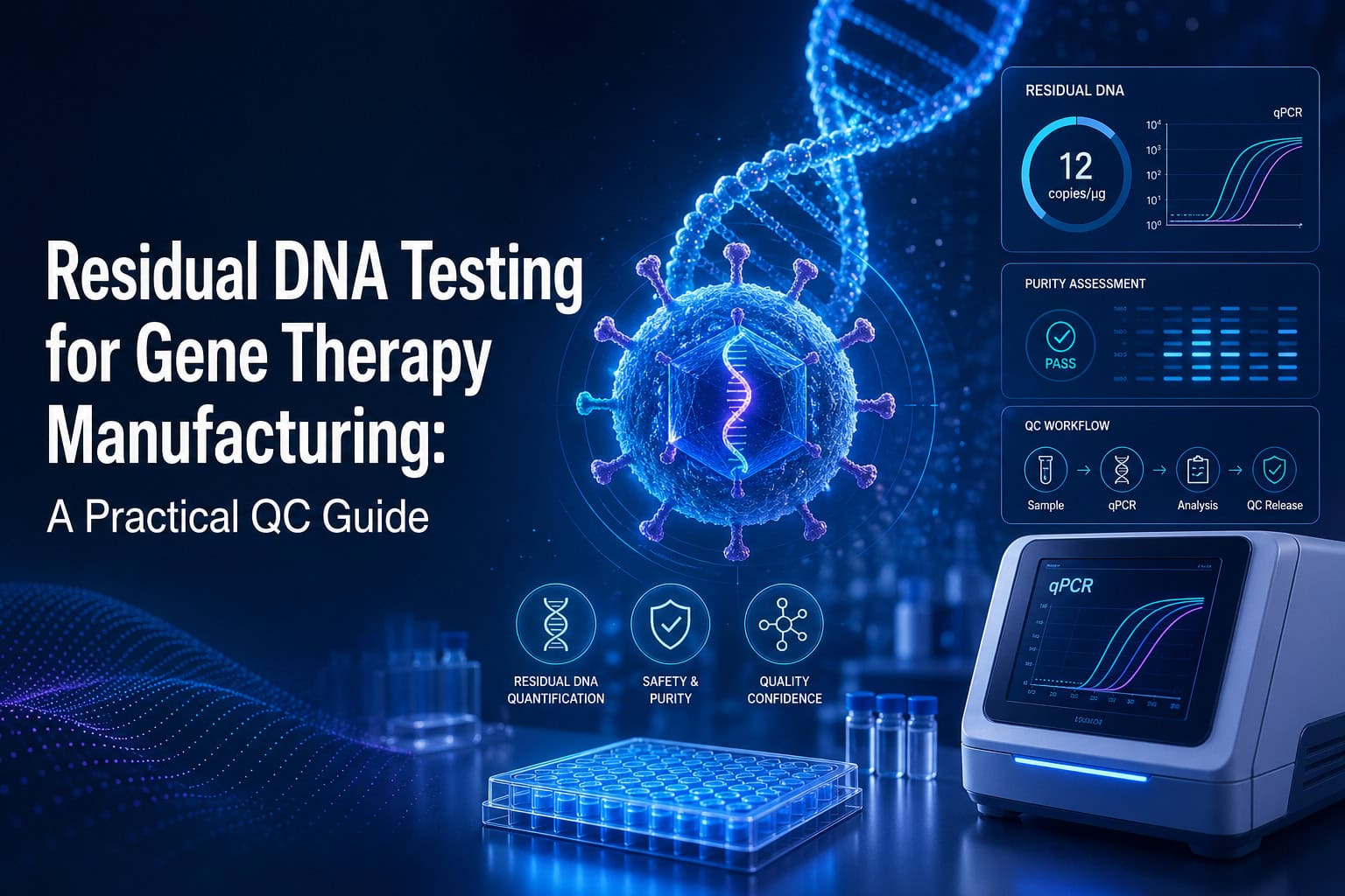 Residual DNA testing for gene therapy manufacturing practical QC guide with qPCR analysis, viral vector and DNA visualization