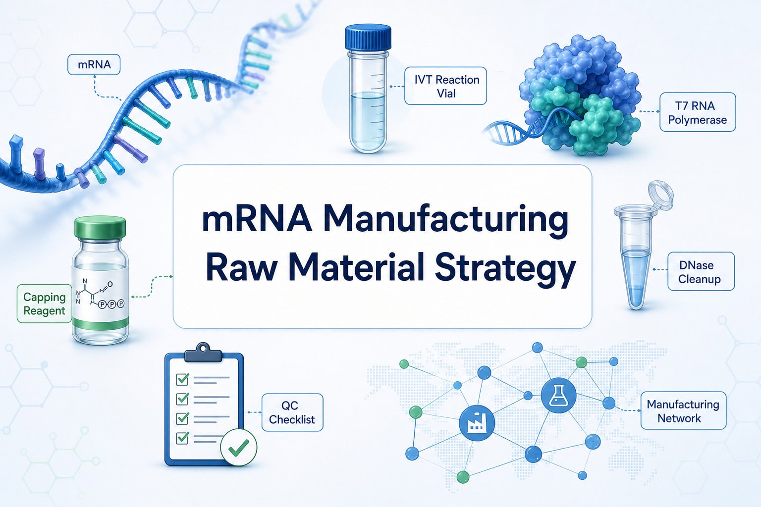 mRNA manufacturing raw material strategy with IVT enzymes capping DNase cleanup and QC workflow