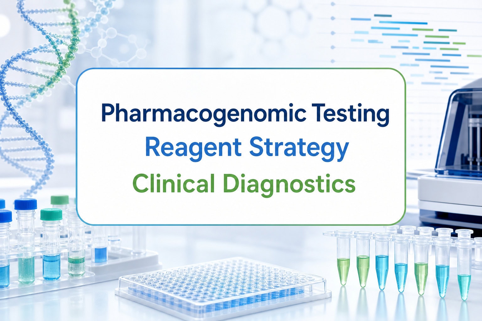 Pharmacogenomic testing reagent strategy for clinical diagnostics with PCR and NGS workflow visuals