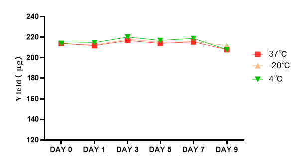 GMP-BP-E01 T7 RNA Polymerase GMP-grade: Figure 3 Transcriptional product yields at different temperatures
