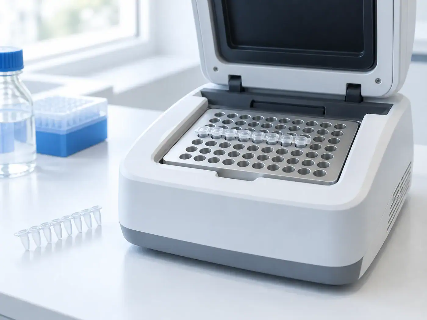 PCR tube strip seated in the sample block of a real-time PCR instrument