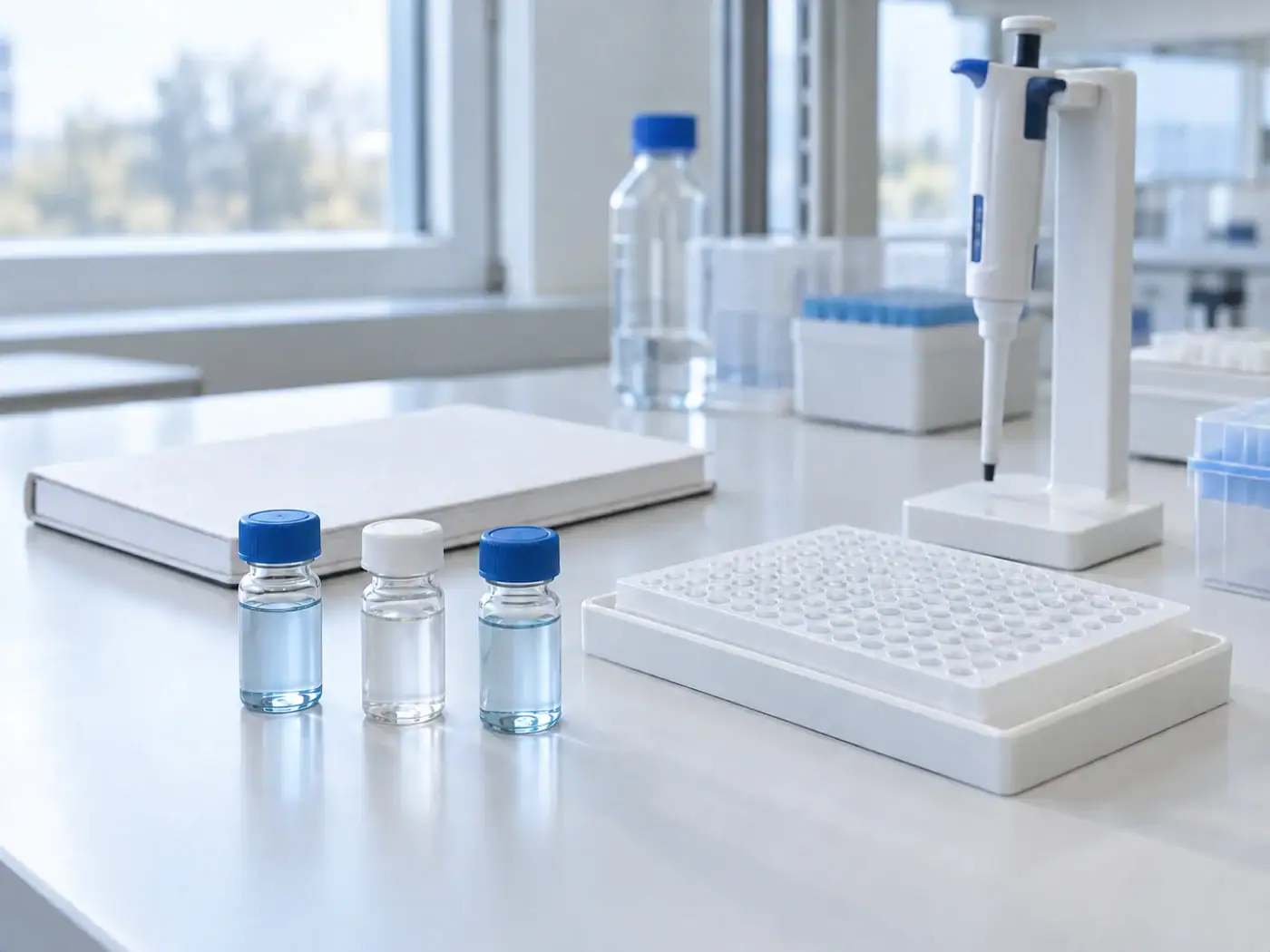 Flat-bottom sample vials and a supported microplate on a laboratory workbench