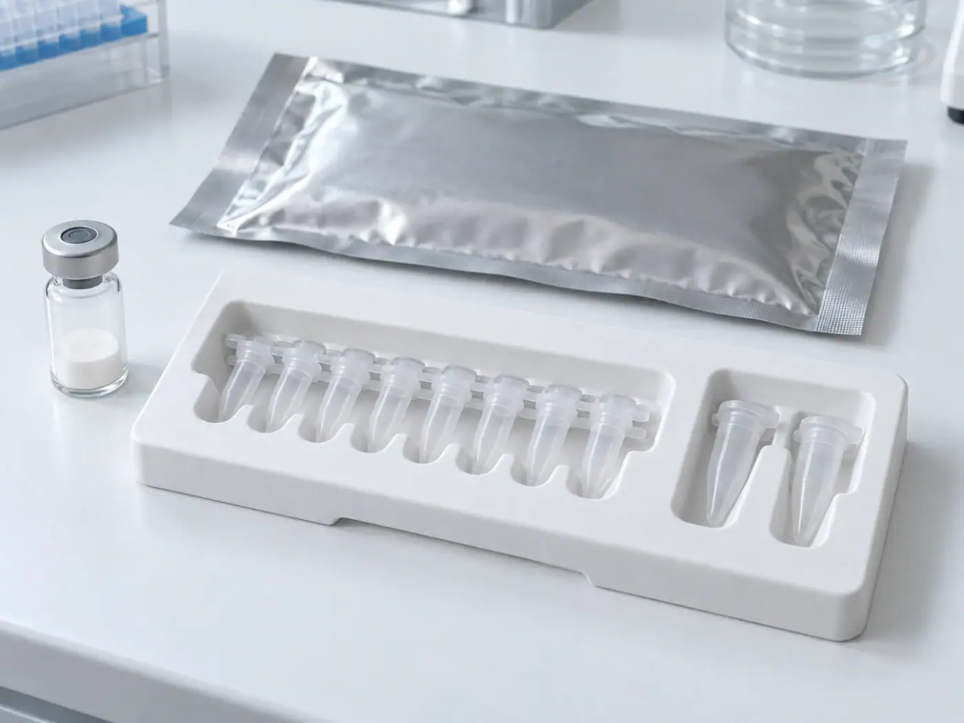 Reagent vial, PCR tubes and microtubes supported in a fitted tray beside a flat foil pouch