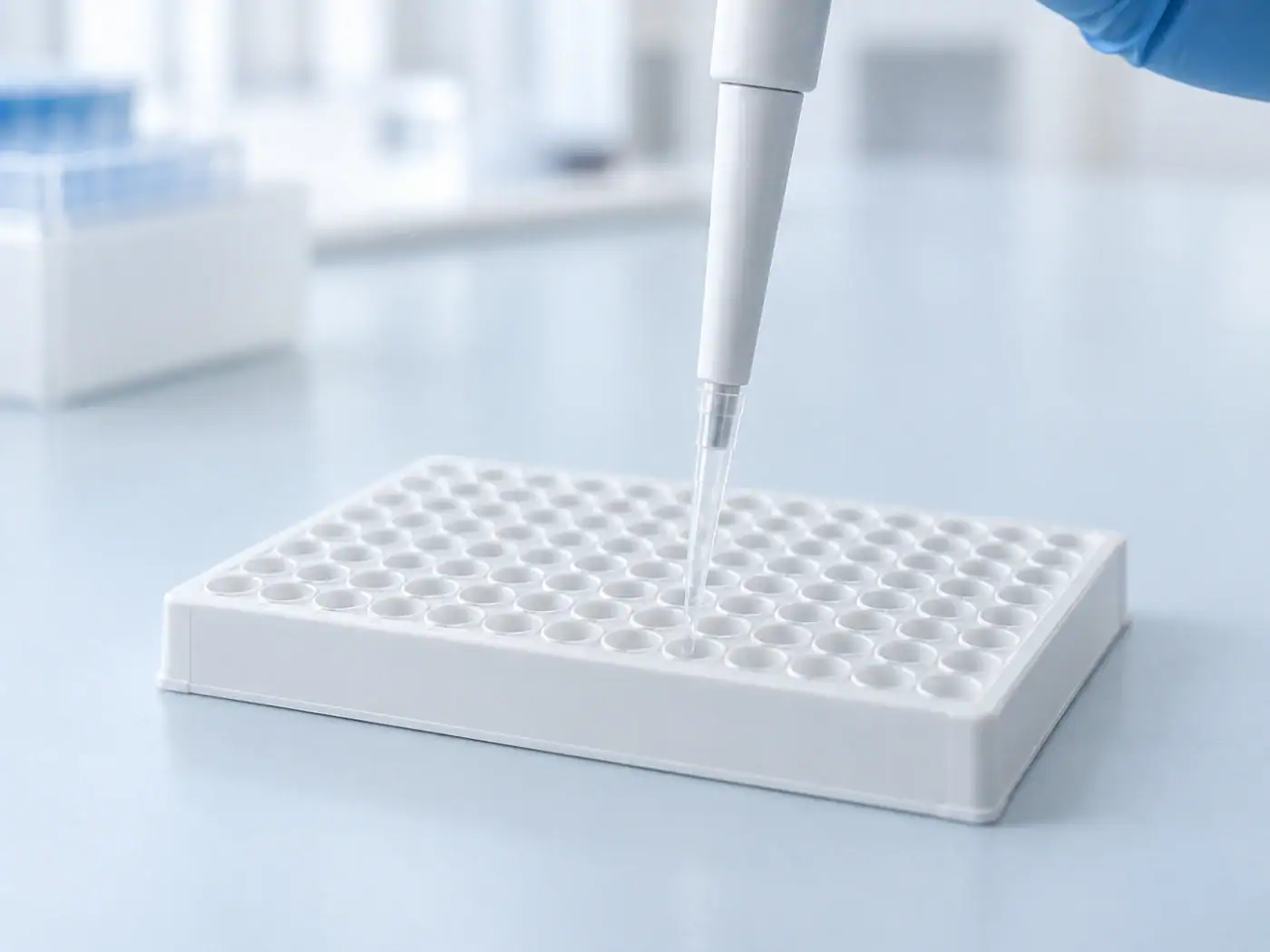 Pipette tip entering a well in a fully skirted PCR plate on a laboratory bench