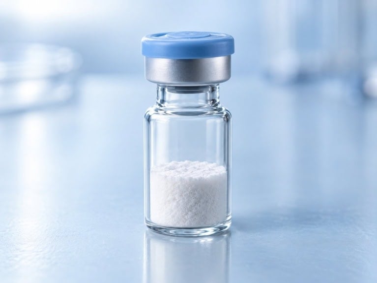 Glass vial with a blue flip-off cap containing a uniform white lyophilized reagent cake