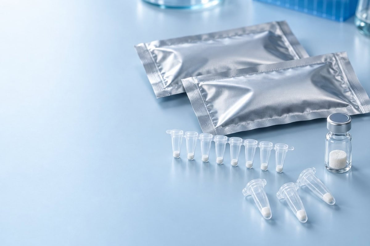 Freeze-dried PCR reagents in their final formats: sealed foil pouches, an 8-tube strip with lyophilized cakes, microtubes with beads and a glass vial