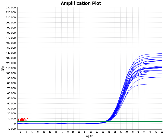M2181-4 AcuGenix™ FastAmpli All-in-One qPCR Master Mix with UNG-V4: Sensitivity and Precision Test - Amplification Curves - VIC (Internal Control) (M2181-4 - Low-Concentration…)