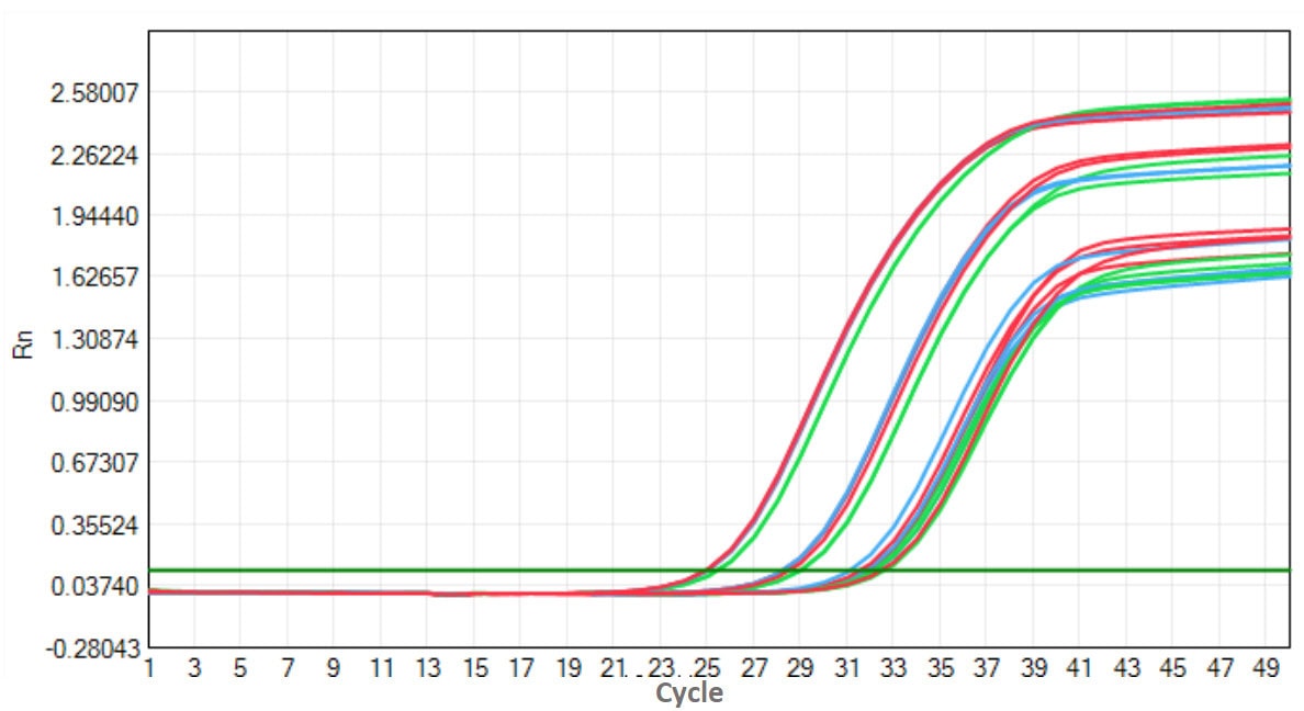 M5144 AcuGenix™ FastAmpli RT-qPCR Master Mix with UNG: Accelerated Stability Test - Amplification Curves - VIC (M5144 System - Human Total RNA Triplex Amplification Accelerate…)