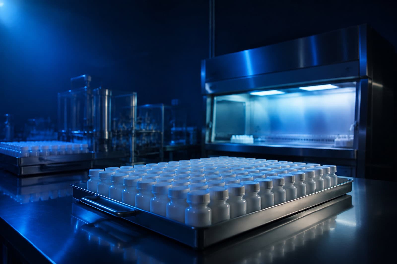 Tray of capped reagent vials in a cleanroom under blue light