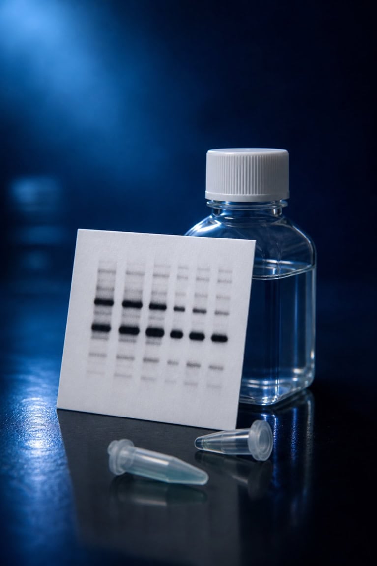 Western blot membrane against a buffer bottle with microcentrifuge tubes