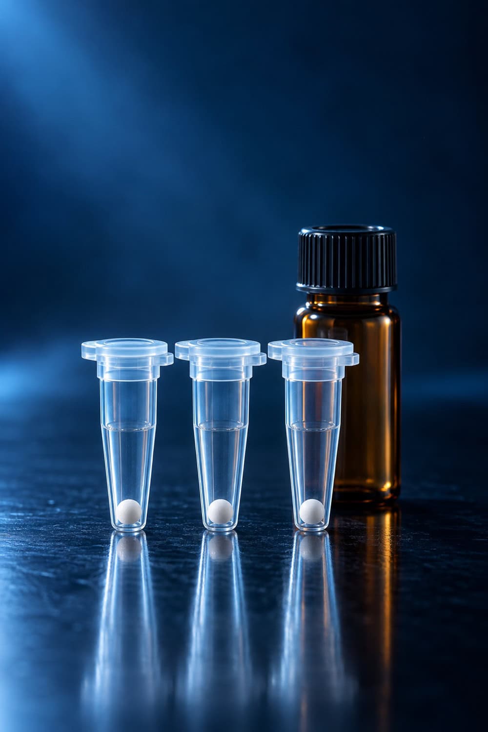 Three PCR tubes with lyophilized reagent beads beside an amber enzyme vial