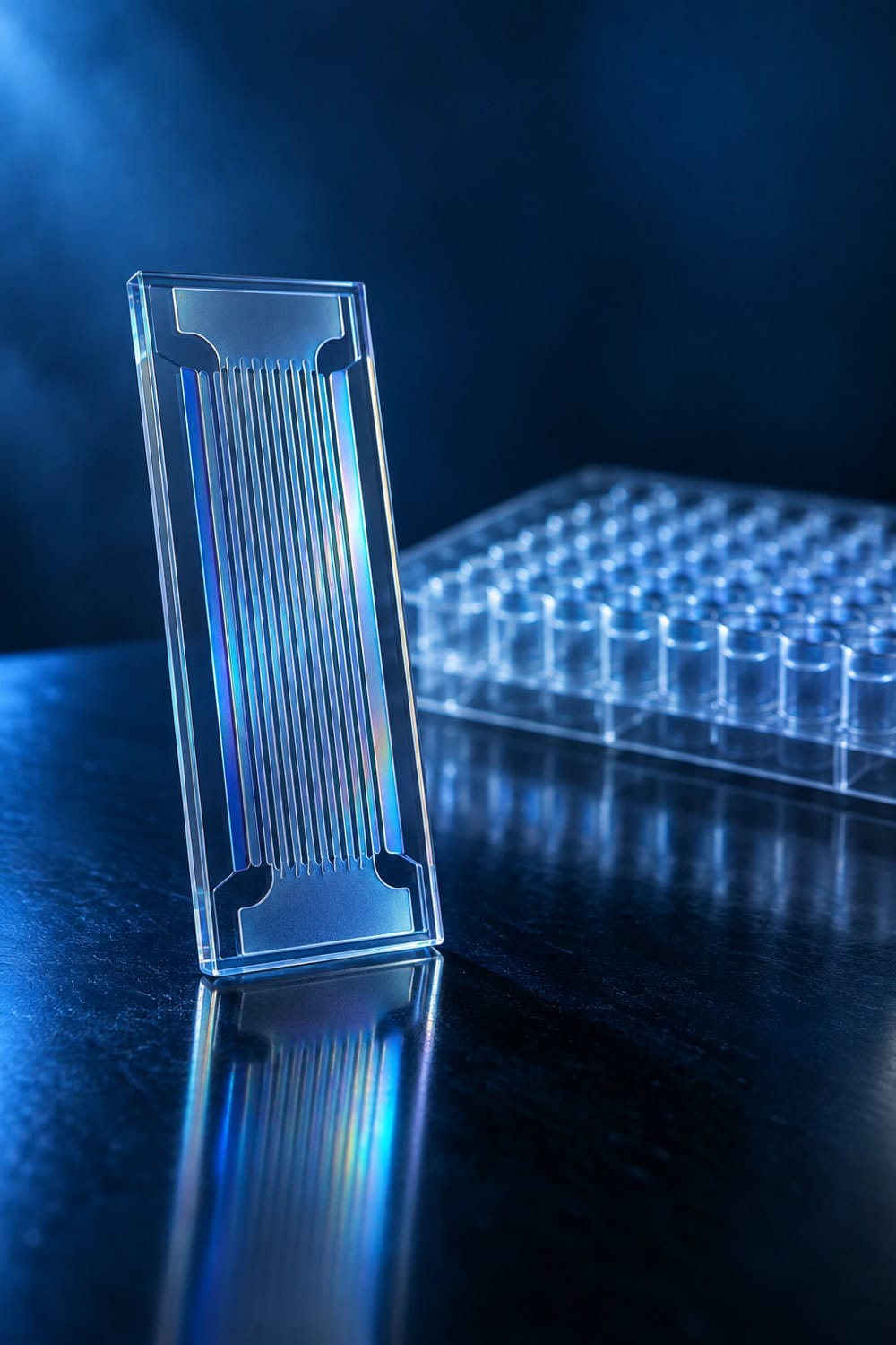 Sequencing flow cell standing on a lab bench with a 96-well plate behind