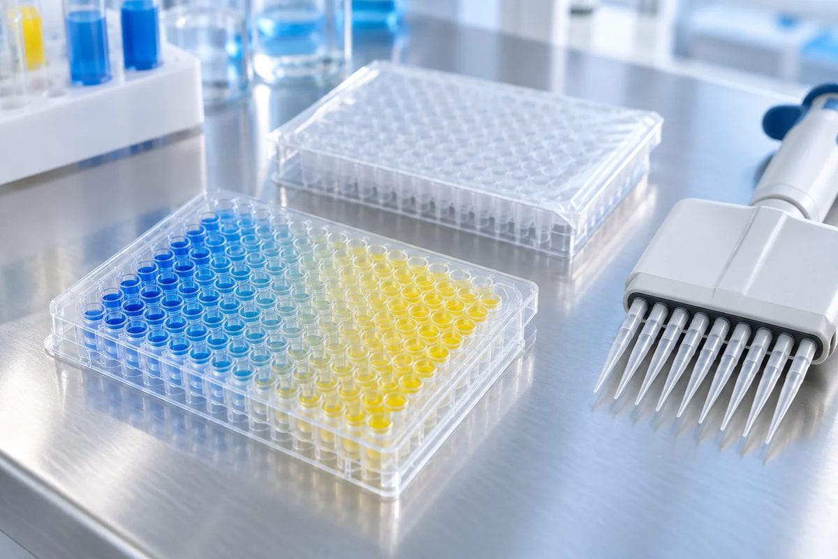 ELISA plate with blue and yellow wells, qPCR plate and multichannel pipette