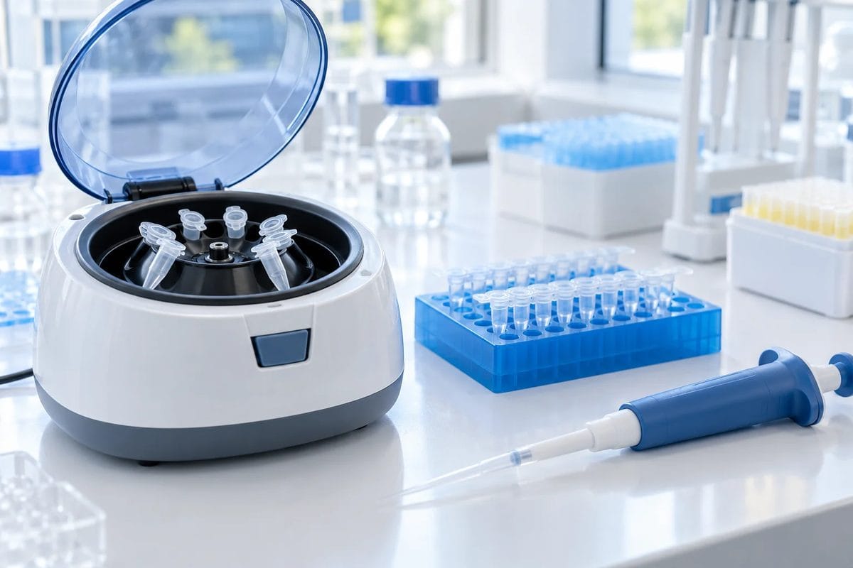 Mini centrifuge, PCR strips and a pipette on a research bench