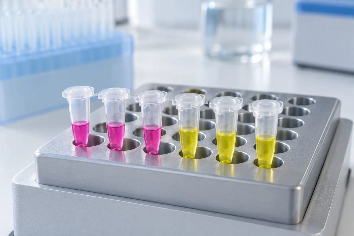 Colorimetric LAMP tubes in pink and yellow in a heat block