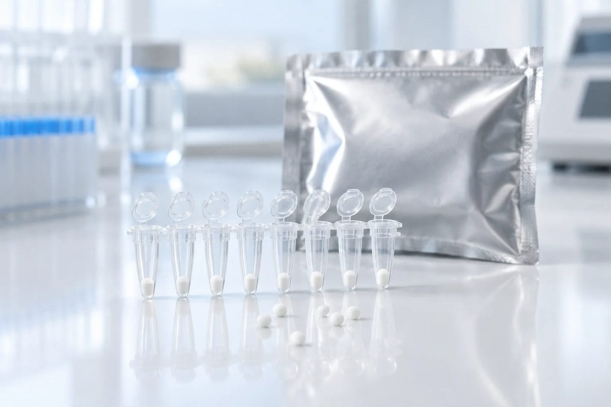 Lyophilized reagent beads in an 8-tube strip with a foil pouch