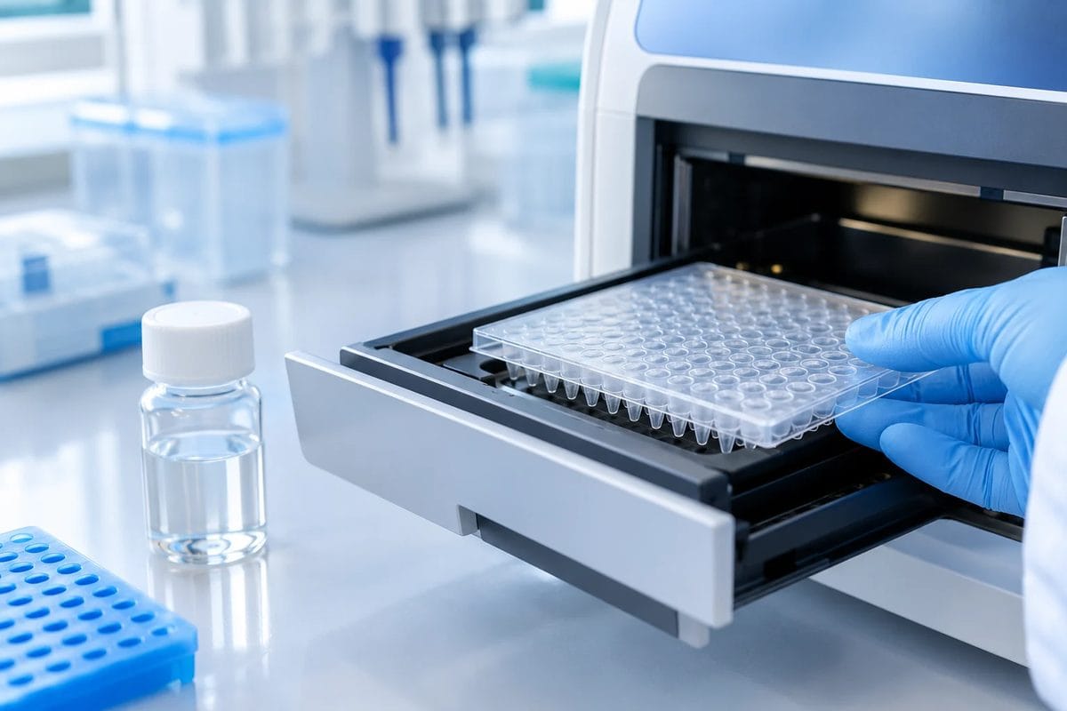 qPCR plate being loaded into a real-time PCR instrument