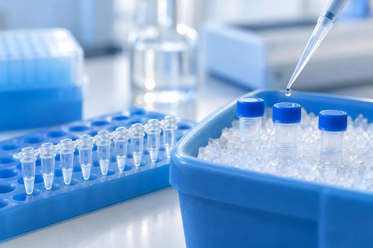 PCR strip and RNA sample tubes on ice with a pipette
