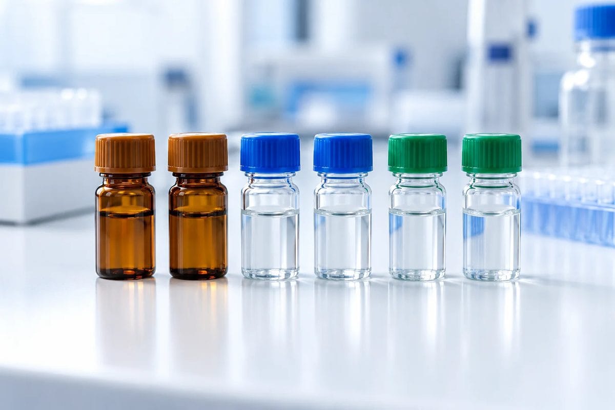 Row of enzyme vials with amber, blue and green caps