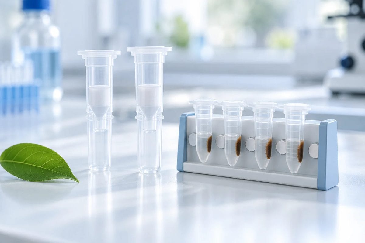 Spin columns, magnetic-bead tubes on a magnetic rack and a plant leaf