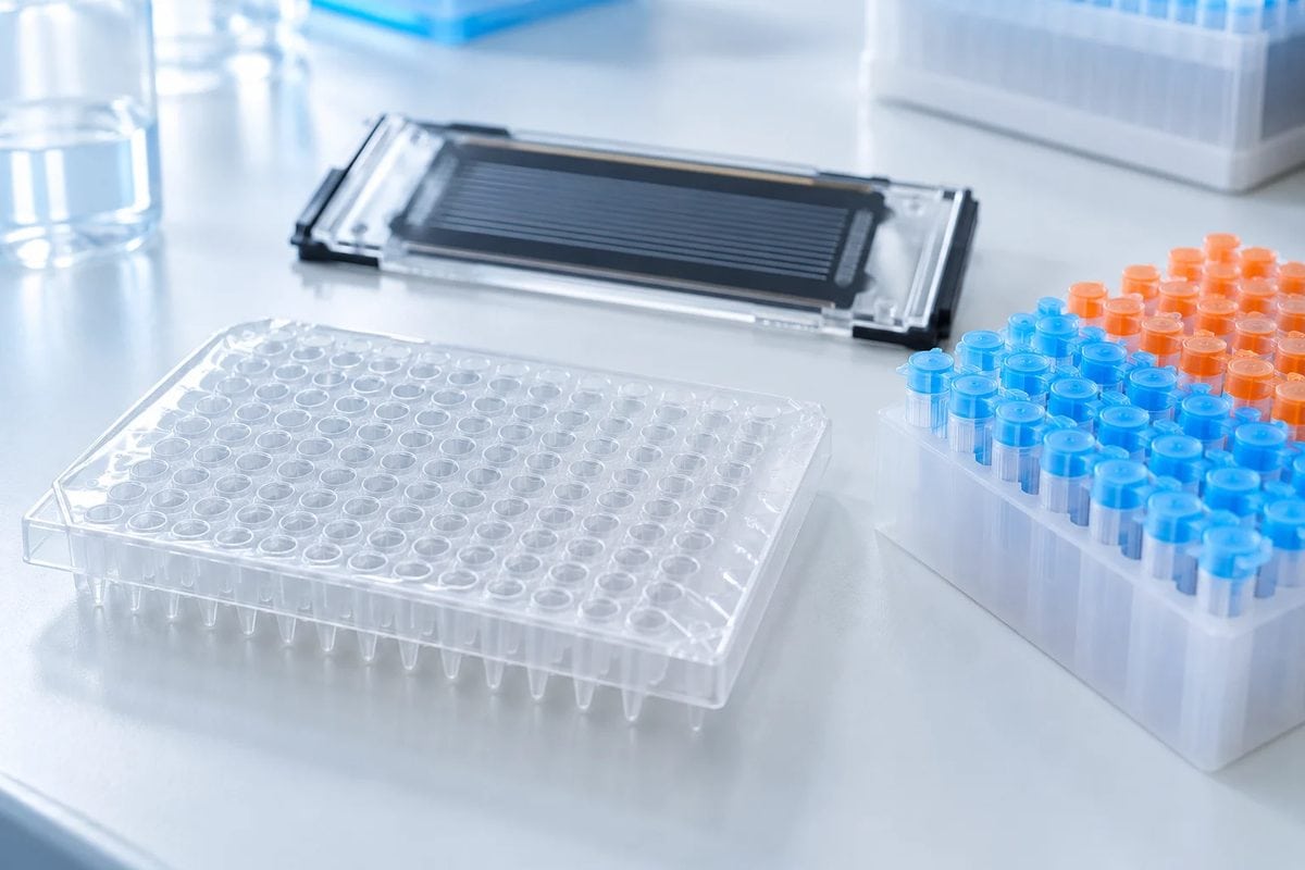96-well PCR plate, index adapter tubes and a sequencing flow cell