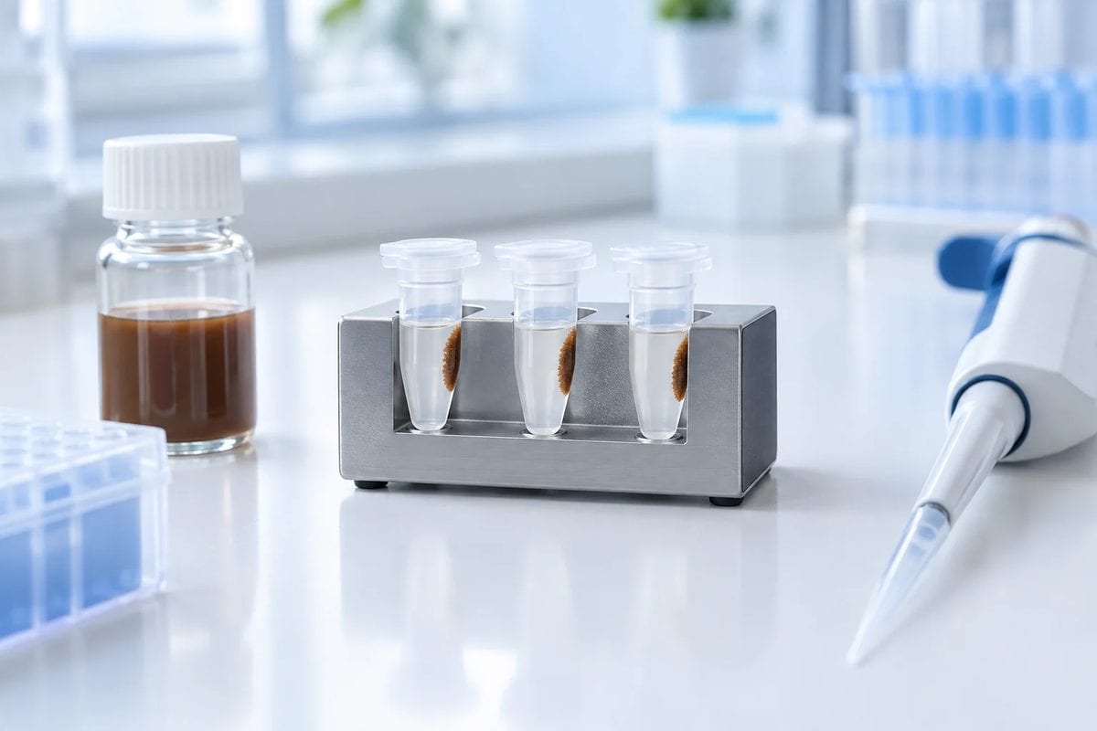PCR tubes with magnetic bead pellets on a magnetic rack beside a pipette