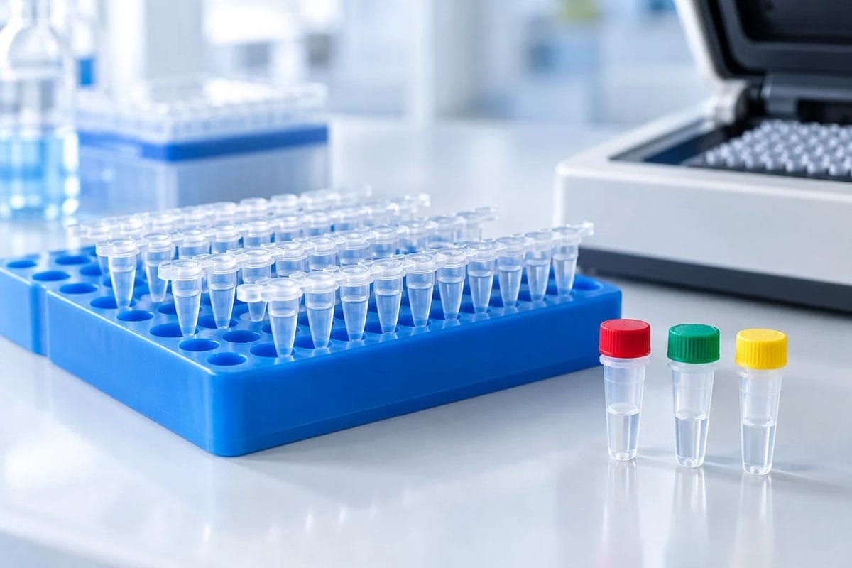 8-tube PCR strips in a rack with primer pool tubes