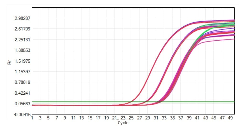 E20 Robustart Fast Taq DNA Polymerase-V2: Freeze-Thaw Stability Test - Amplification Curves - VIC (Freeze-Thaw: 0 cycles 5 cycles 10 cycles 15 cycles 20 cycles)