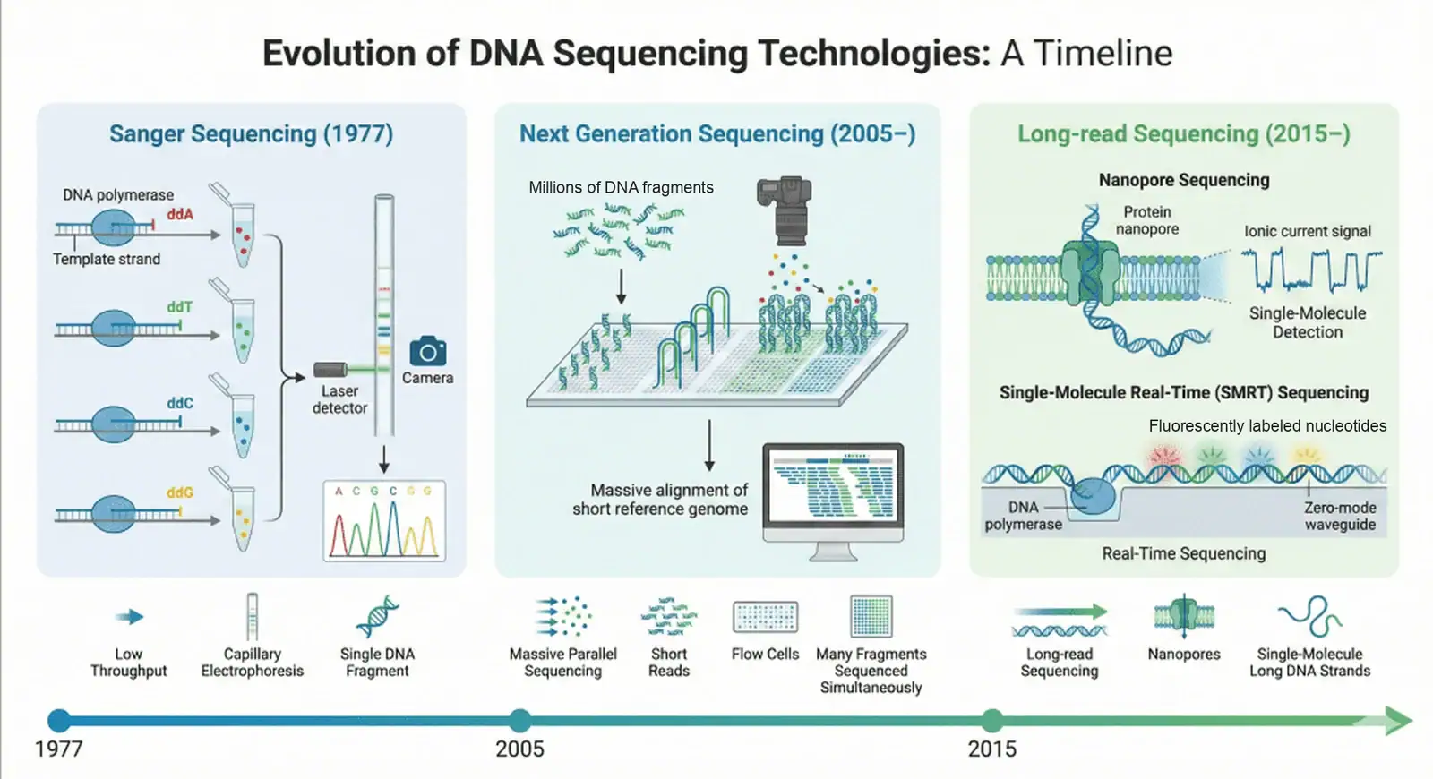 Timeline of DNA sequencing technologies: Sanger sequencing (1977), next-generation sequencing (2005) and long-read nanopore and SMRT sequencing